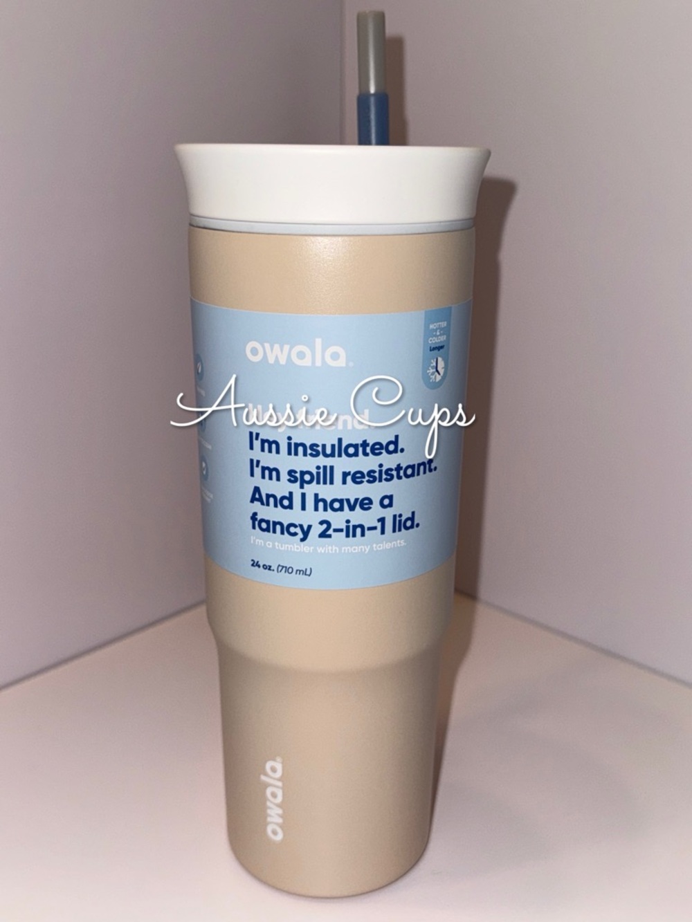 Owala Dune 24oz Insulated Tumbler in Beige and White, no handle